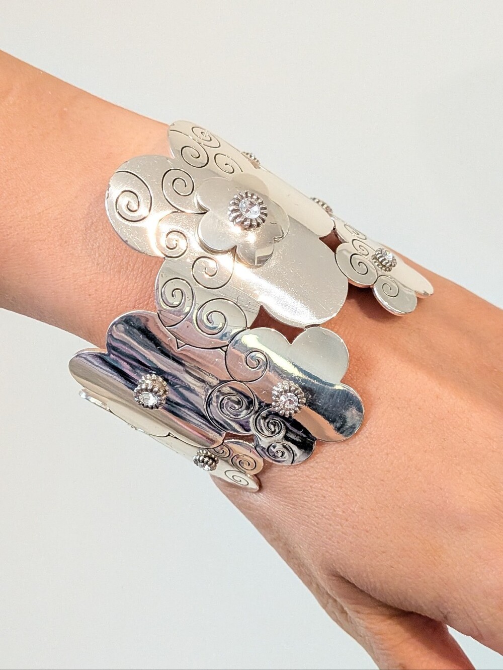 Brighton Silver Plated Floral Scroll Swarovski Crystal Statement Cuff Bracelet
